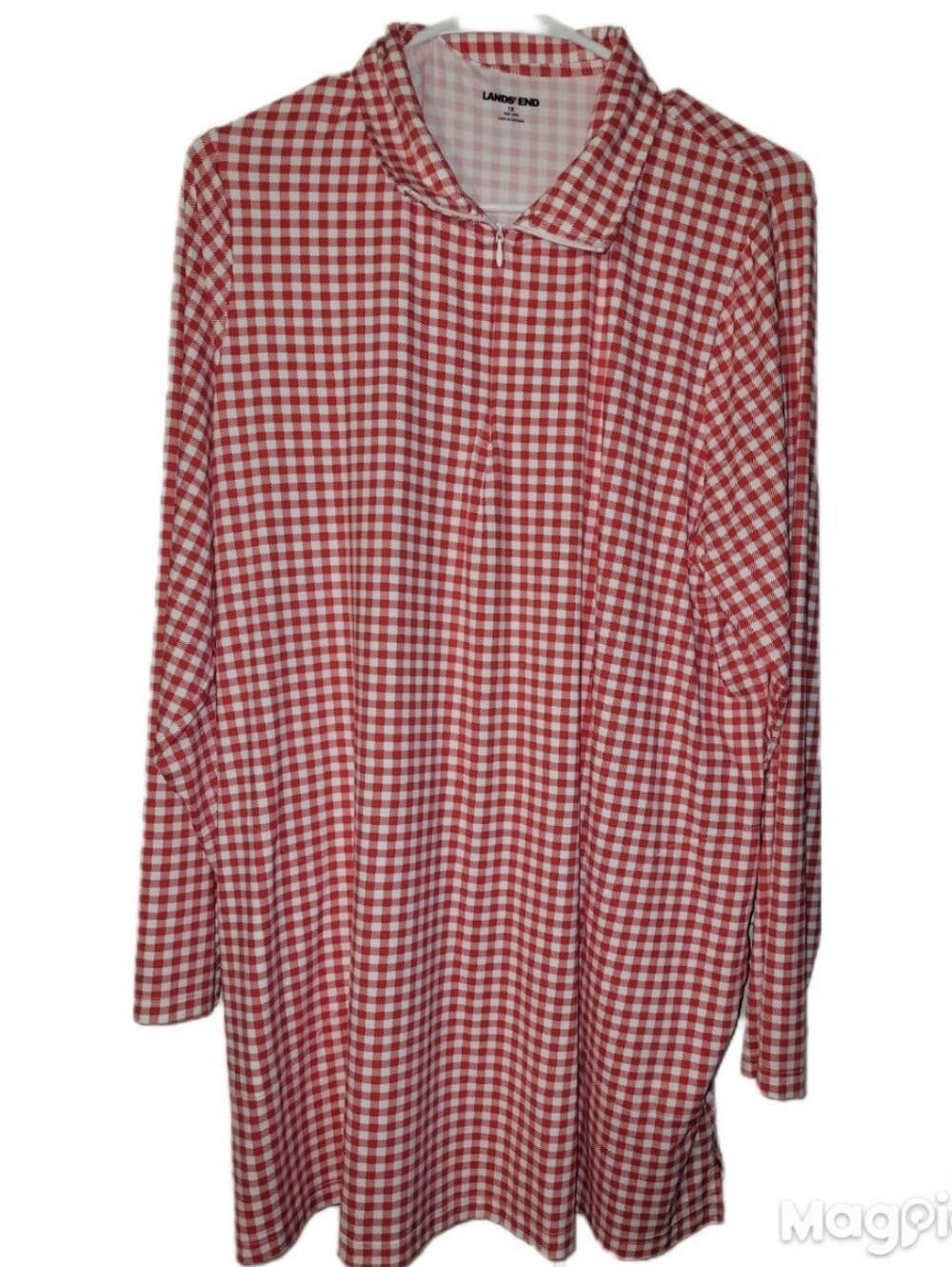 Lands End Quarter Zip SWIM Cover Up 1X Checkered Modest Matching Skirt Lg Red